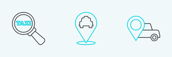 Set line Location with taxi, Magnifying glass and car and icon. Vector