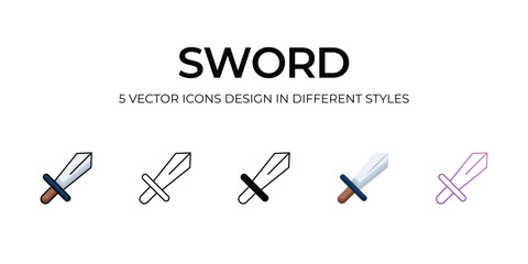 Sword Icon Design in Five style with Editable Stroke. Line, Solid, Flat Line, Duo Tone Color, and Color Gradient Line. Suitable for Web Page, Mobile App, UI, UX and GUI design.