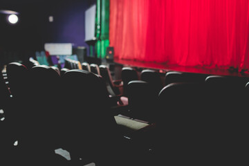 Stage with velvet red curtain in theater cinema, empty old-fashioned elegant theatre wooden scene...