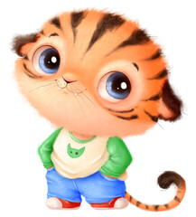 Illustration of a cute cartoon baby tiger. Cute animals. Transparent background, png