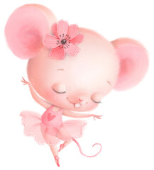Illustration of a cute cartoon ballerina mouse. Cute animals. Ballet animals. Transparent background, png