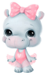 Illustration of a cute cartoon ballerina hippo. Cute animals. Ballet animals. Transparent background, png