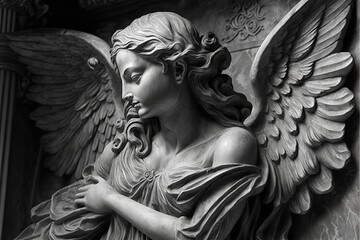 a black and white photo of a statue of an angel Generative AI