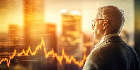 Business man or Finance trade manager analyzing stock market indicators, financial data and charts with business skyscrapers in background. digital ai art
