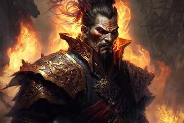 a demonic looking man in armor with flames in the background Generative AI