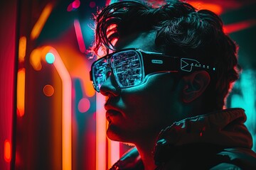 a man wearing glasses in a room with neon lights Generative AI