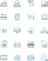 Promotional campaign linear icons set. Branding, Advertising, Promotion, Marketing, Outreach, Publicity, Visibility line vector and concept signs. Awareness,Persuasion,Engagement outline illustrations