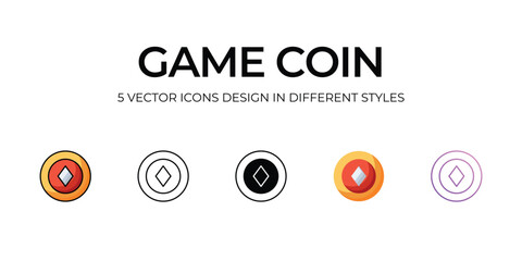 Game Coin Icon Design in Five style with Editable Stroke. Line, Solid, Flat Line, Duo Tone Color, and Color Gradient Line. Suitable for Web Page, Mobile App, UI, UX and GUI design.