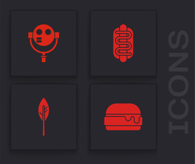 Set Burger, Tourist binoculars, Hotdog sandwich and Indian feather icon. Vector