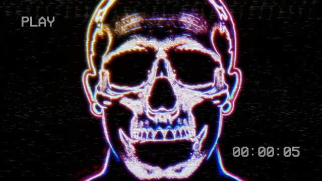 Videotape horror scene on vhs footage, horrific broadcasting skull face. Vintage evil thriller, scary halloween TV