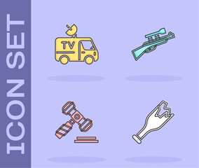 Set Broken bottle as weapon, TV News car, Judge gavel and Sniper rifle with scope icon. Vector