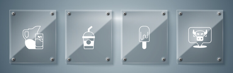 Set Cow head, Ice cream, Milkshake and jug or pitcher and glass. Square glass panels. Vector