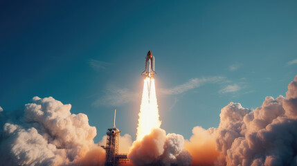 Space shuttle launch against a blue sky. Generative AI