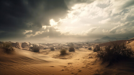 Fototapeta na wymiar Stormy sky over the desert, storm clouds and rain. Generative AI