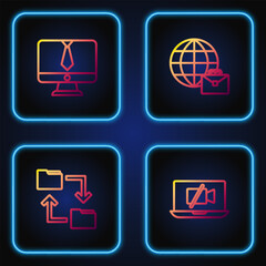 Set line Video camera Off on laptop, Cloud storage document folder, chat conference and Online working. Gradient color icons. Vector