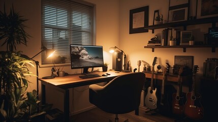 Home office workplace interior. Table and monitors. Modern space. AI generated