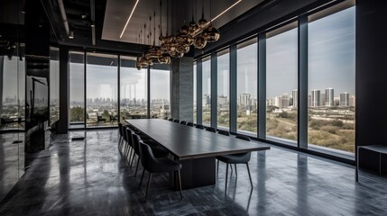 Close up of conference room with glasses of water on the table with papers, armchairs and a large window. 3D Rendering