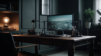 Home office workplace interior. Table and monitors. Modern space. AI generated