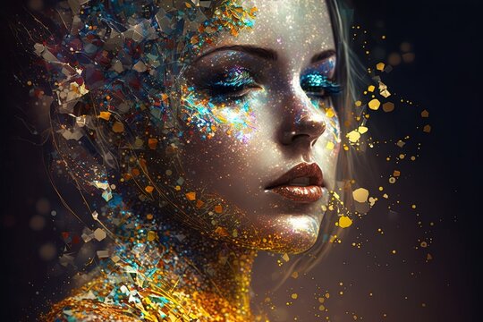 a woman with blue eyes and gold glitters on her face Generative AI