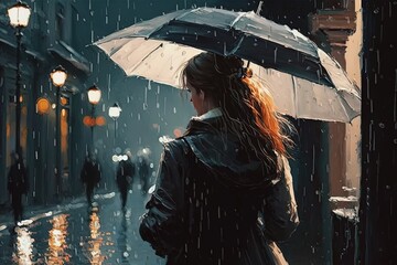 a woman standing in the rain holding an umbrella Generative AI