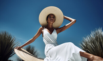 Beautiful spectacular young woman model in a white dress and hat against a bright blue sky on a sunny day. Generative AI - obrazy, fototapety, plakaty