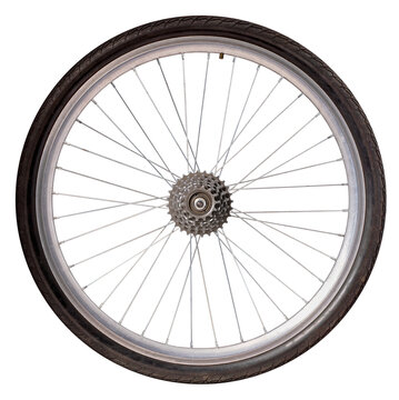 Bicycle wheel with freewheel rear sprocket on isolated background.