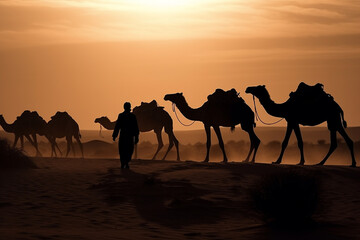 Fototapeta na wymiar Arab man or bedouin or silhouette in the desert with camels at sunset. Camel and desert man landscape with dunes in the hot sun. Ai generated