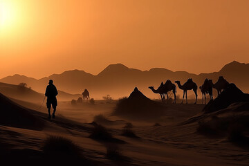 Arab man or bedouin or silhouette in the desert with camels at sunset. Camel and desert man landscape with dunes in the hot sun. Ai generated