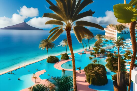 Trendy tropical location. Hotel. Palm. Blue sky. - generative ai