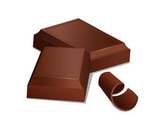 Milky chocolate pieces concept. Blocks and bars of cockoa dessert. Square chocolate snacks. Advertising and marketing. Harmful and sweet food, confectionery products. Realistic 3D vector illustration