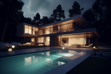 Fototapeta na wymiar Elegant and serene villa with pool illuminated by sophisticated lighting design, Created using generative AI. 