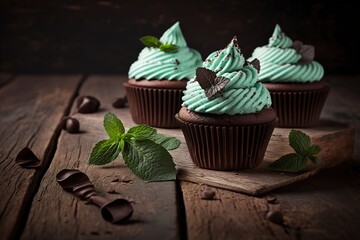 Cupcakes in chocolate and mint on a table made of wood. Generative AI