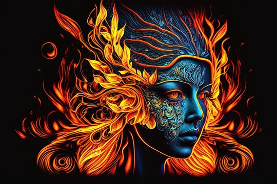 a woman's face with fire and flames painted on it Generative AI