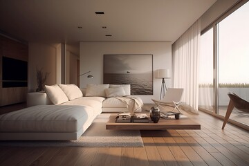 Modern and minimalistic penthouse living room with natural lighting, Created using generative AI.
