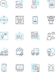 Brand activation linear icons set. Experience, Engagement, Connection, Buzz, Innovation, Impact, Strategy line vector and concept signs. Creativity,Excitement,Reach outline illustrations