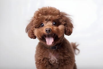Cute little and funny poodle puppy smiling, isolated, free space for text. Generative AI