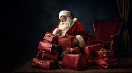 Fototapeta na wymiar Santa Claus sits with a bunch of packaged gifts for Christmas night.card and copyspace. Generative AI