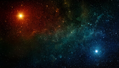 Space scene with red star and blue star in the galaxy. Panorama. Universe filled with stars, nebula...