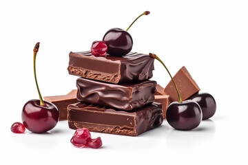 Stack of delicious chocolate bar pieces with cherry. Generative AI