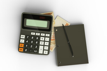 3D rendering of a composition of Venezuelan bolivar notes, a calculator, a note book and a pen isolated on transparent background. Tax background design concept - obrazy, fototapety, plakaty