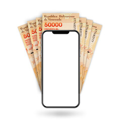 3d Illustration of Venezuelan bolivar notes behind mobile phone