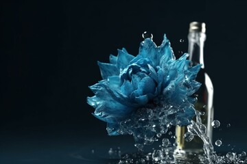 flower made of water splashes and alcohol bottle. Generative AI