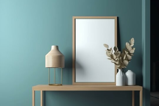 Poster Frame Mockup With Wooden Frame And Cabinet On Blue Wall Background.3d Rendering. Generative AI