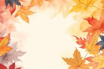 Fototapeta premium Autumn leaves background in watercolor style with copy space text area created with Generative AI