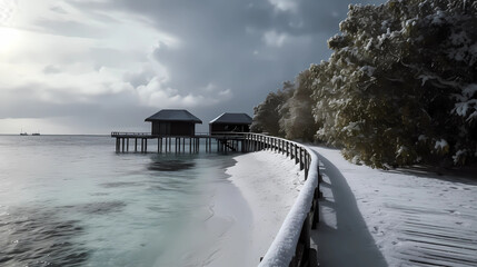 tropical beach covered in snow, climate change, generative ai