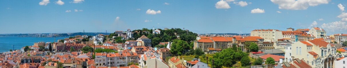 Fototapeta na wymiar Lisbon city summer top panorama, Portugal. People are unrecognizable. Six shots stitch high-resolution panorama.