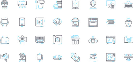 Fototapeta premium Electric machinery linear icons set. Battery, Windings, Generators, Transformers, Motors, Commutator, Regulator line vector and concept signs. Rectifier,Rotor,Stator outline illustrations