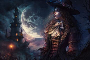Fototapeta premium a illustration of a woman in a witches costume in front of a full moon Generative AI