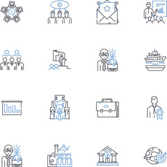 Tech-minded management line icons collection. Innovation, Automation, Digitalization, Cloud, Analytics, Mobility, Integration vector and linear illustration. Cybersecurity,Scalability,Performance