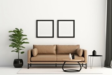Frame mockup in modern living room design, brown leather sofa with black home accessories on white minimal background, 3d render. Generative AI